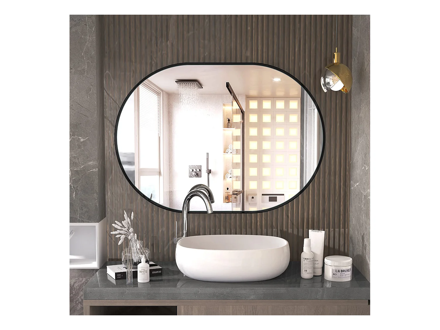 70x50cm wandspiegel, ovale make-upspiegel met aluminium frame, decoratieve spiegel voor hal, slaapkamer, woonkamer, badkamer - zwart