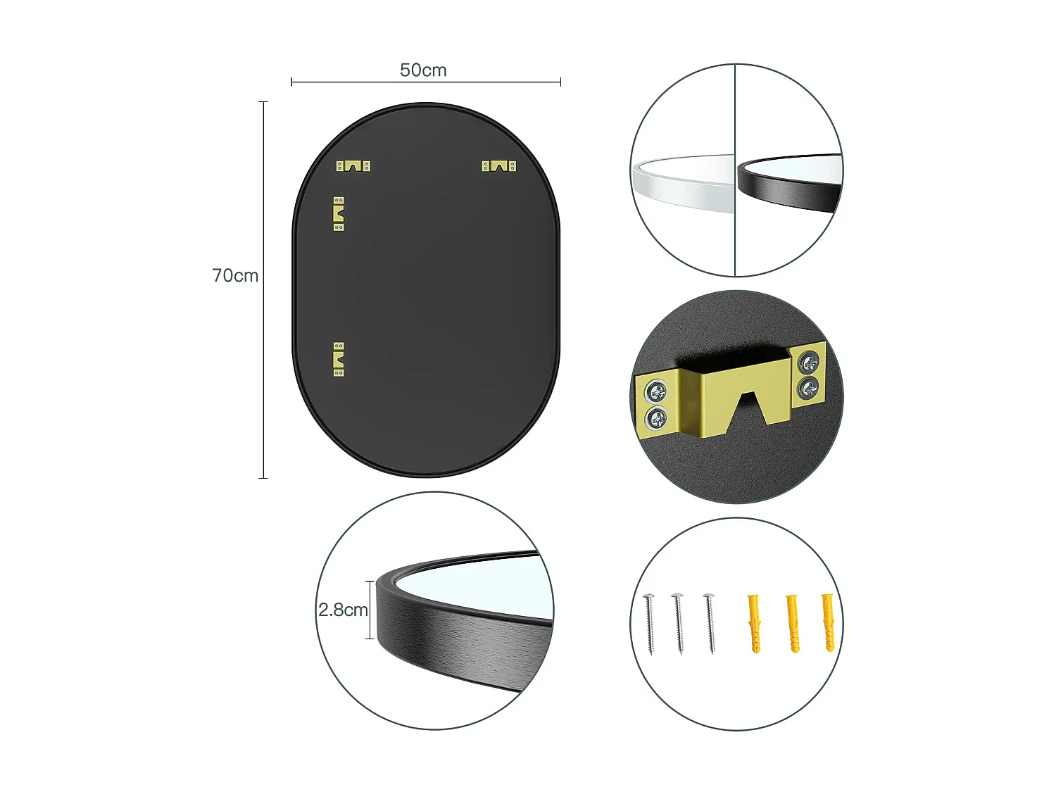 70x50cm wandspiegel, ovale make-upspiegel met aluminium frame, decoratieve spiegel voor hal, slaapkamer, woonkamer, badkamer - zwart