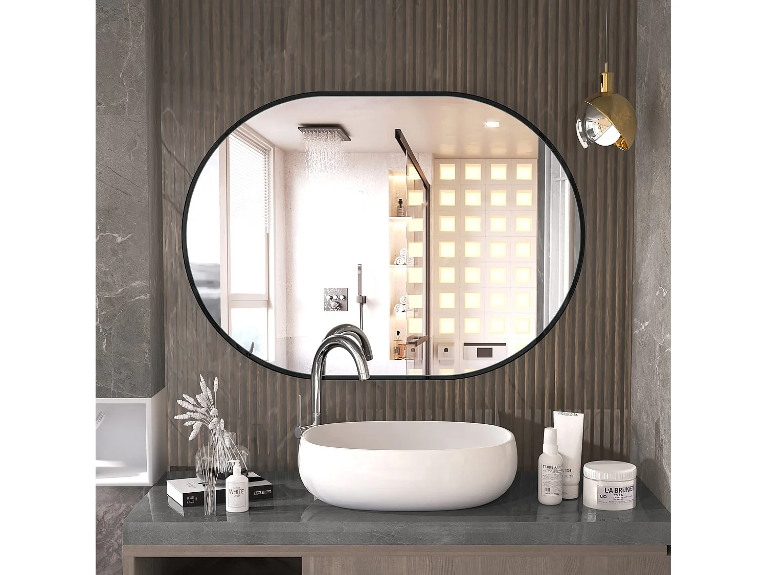 70x50cm wandspiegel, ovale make-upspiegel met aluminium frame, decoratieve spiegel voor hal, slaapkamer, woonkamer, badkamer - zwart