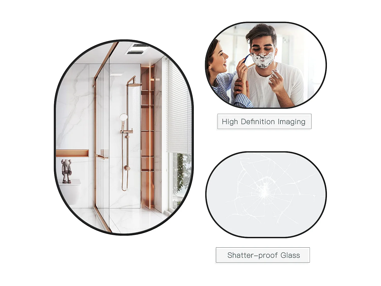 70x50cm wandspiegel, ovale make-upspiegel met aluminium frame, decoratieve spiegel voor hal, slaapkamer, woonkamer, badkamer - zwart