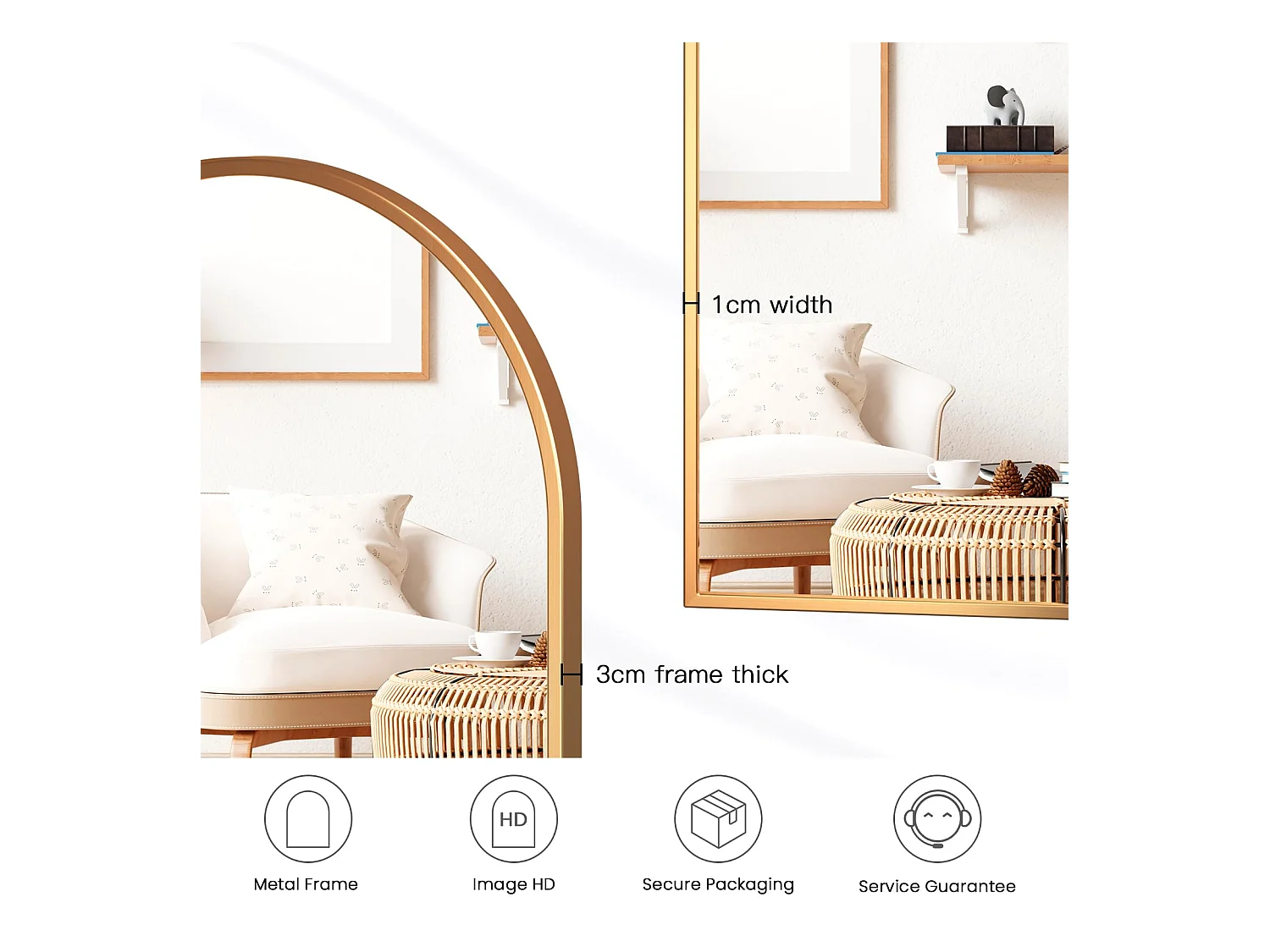 50 x 75 cm gebogen wandspiegel, grote make-upspiegel met aluminium frame voor hal, slaapkamer, woonkamer, badkamer, goud