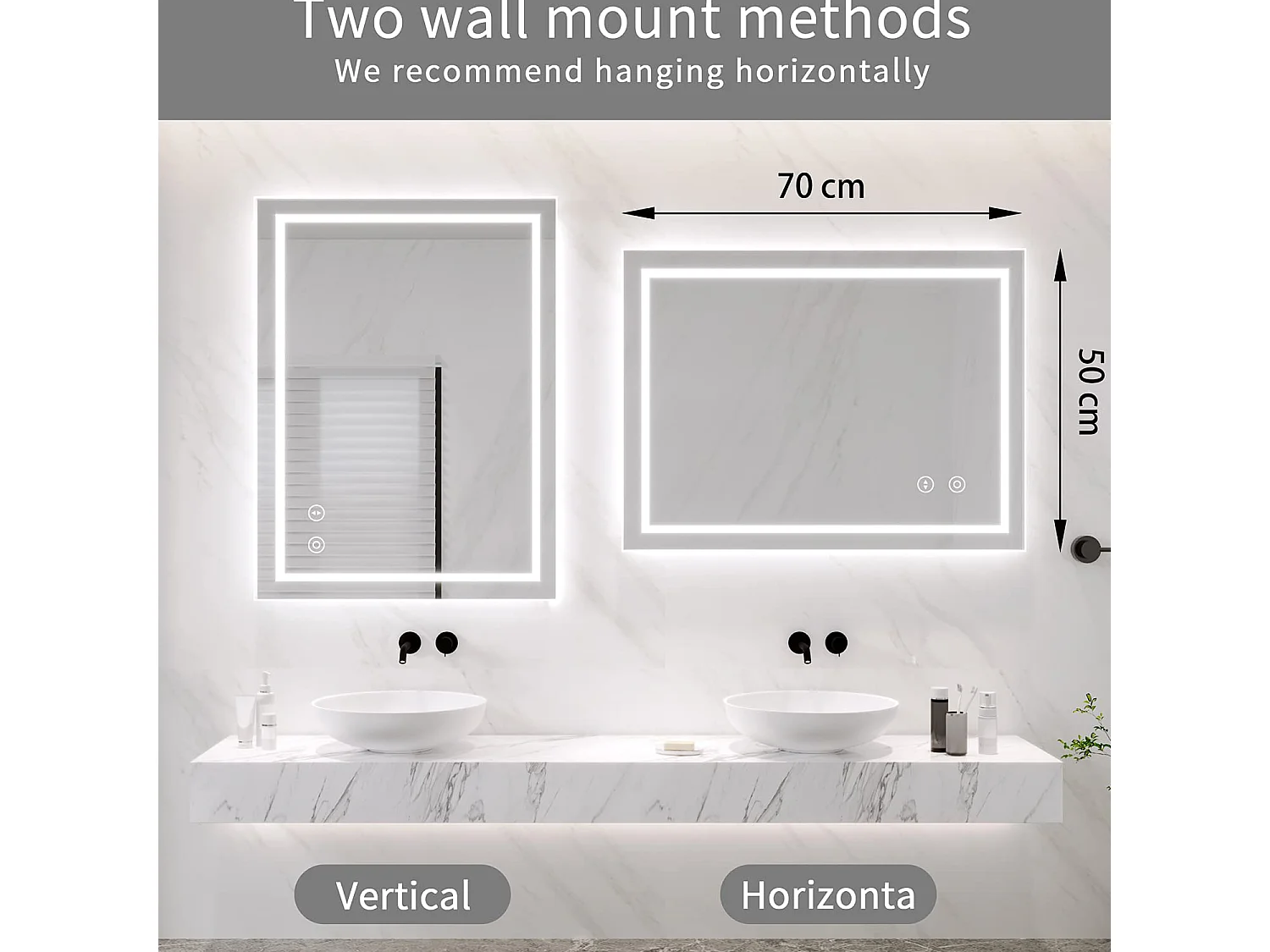 50x70cm LED badkamerspiegel, 30W, anticondens, dimbaar, 3 kleuren, aanraakschakelaar, explosieveilig, verticale of horizontale installatie