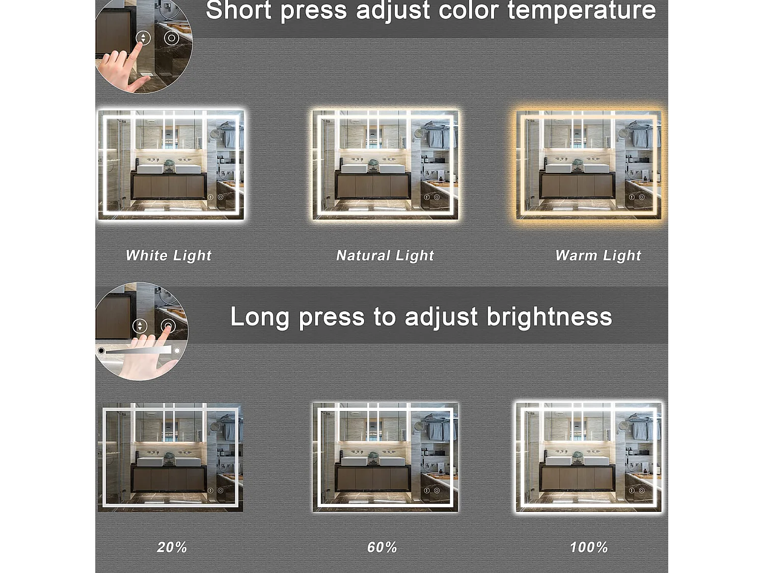 50x70cm LED badkamerspiegel, 30W, anticondens, dimbaar, 3 kleuren, aanraakschakelaar, explosieveilig, verticale of horizontale installatie