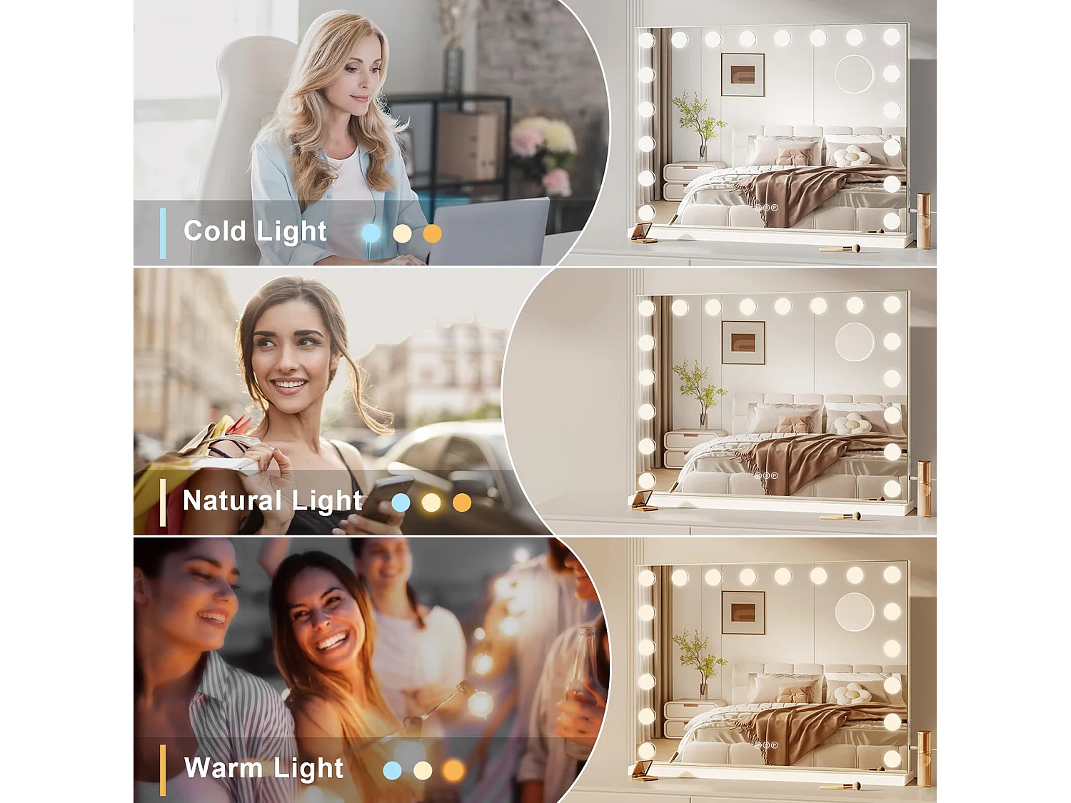 Miroir Maquillage Hollywood 18 LED, 80x60cm, luminosité réglable, contrôle tactile, usage table ou mur, avec ports USB & Type-C, couleur blanche