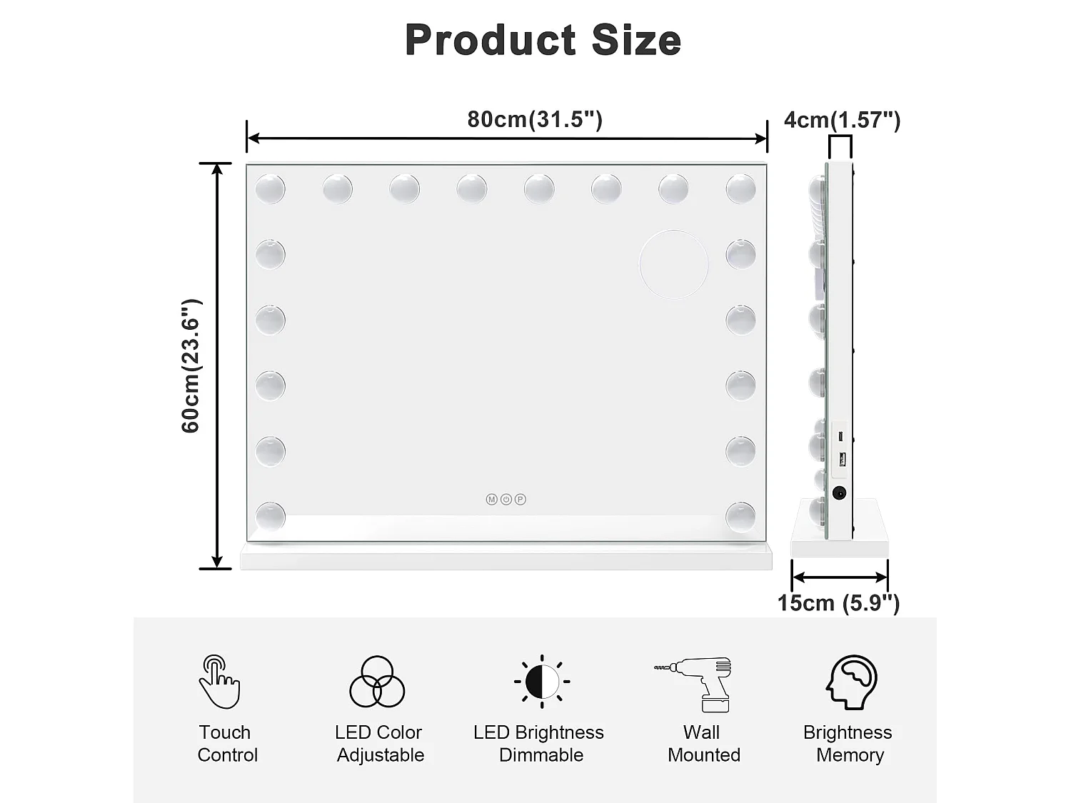 Miroir Maquillage Hollywood 18 LED, 80x60cm, luminosité réglable, contrôle tactile, usage table ou mur, avec ports USB & Type-C, couleur blanche