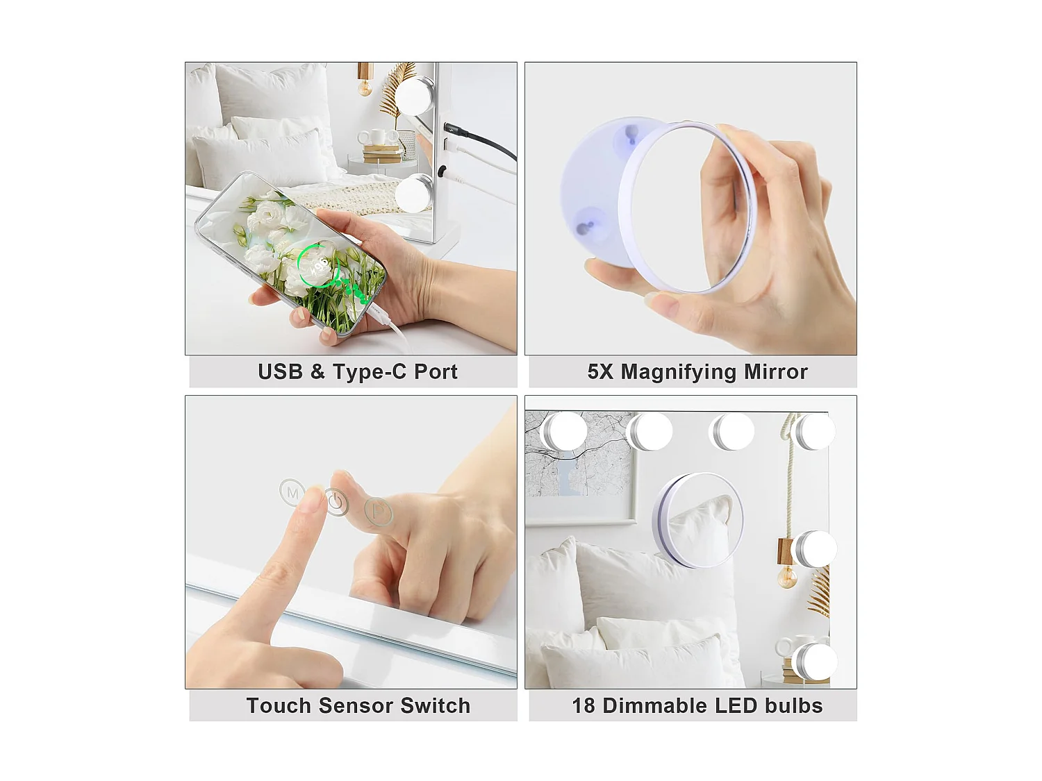 Miroir Maquillage Hollywood 18 LED, 80x60cm, luminosité réglable, contrôle tactile, usage table ou mur, avec ports USB & Type-C, couleur blanche