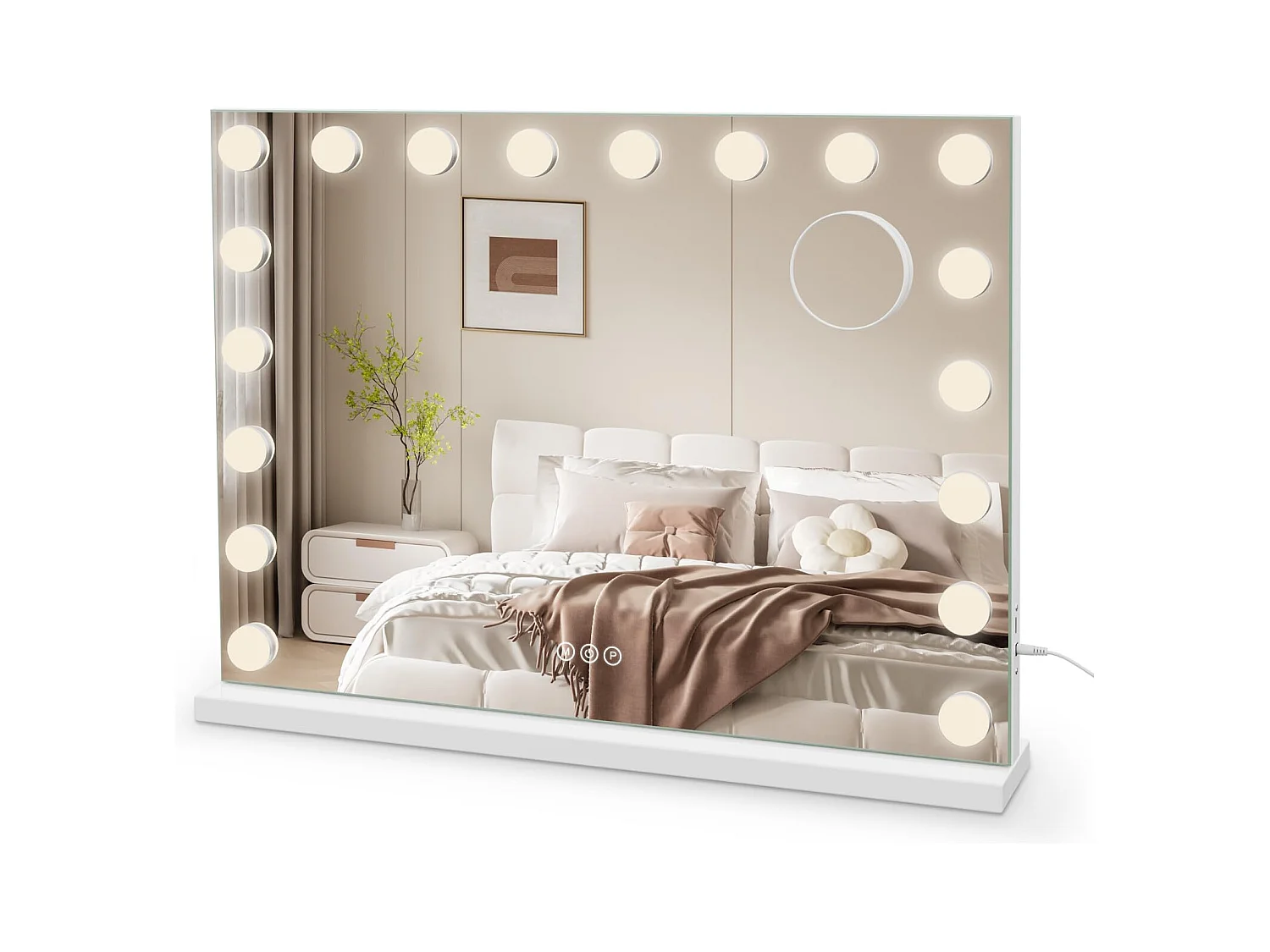 Miroir Maquillage Hollywood 18 LED, 80x60cm, luminosité réglable, contrôle tactile, usage table ou mur, avec ports USB & Type-C, couleur blanche