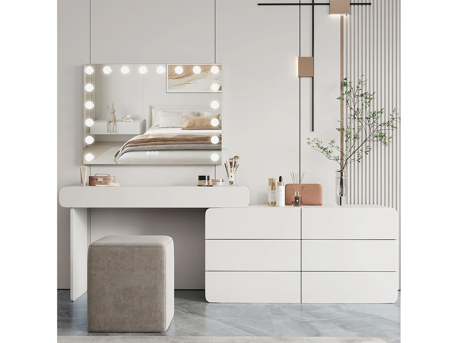 Miroir Maquillage Hollywood 18 LED, 80x60cm, luminosité réglable, contrôle tactile, usage table ou mur, avec ports USB & Type-C, couleur blanche