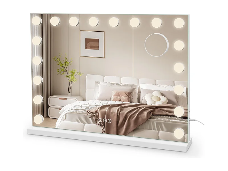 Hollywood make-upspiegel 18 LED, 80x60cm, instelbare helderheid, aanraakbediening, geschikt voor op tafel of aan de muur, met USB- en Type-C-poorten, witte kleur