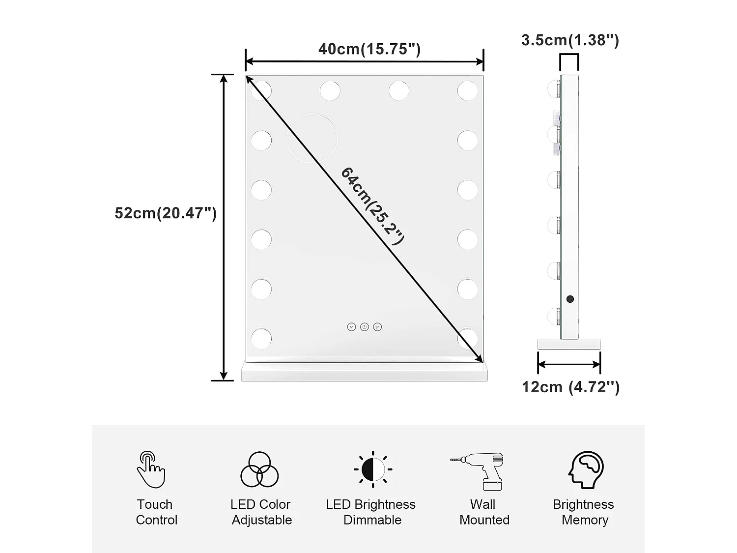 Hollywood Make-upspiegel 14 LED 40x52 cm met 3 lichtstanden, dimbaar & touchbediening, tafel- of wandmontage, ideaal voor slaapkamer, wit