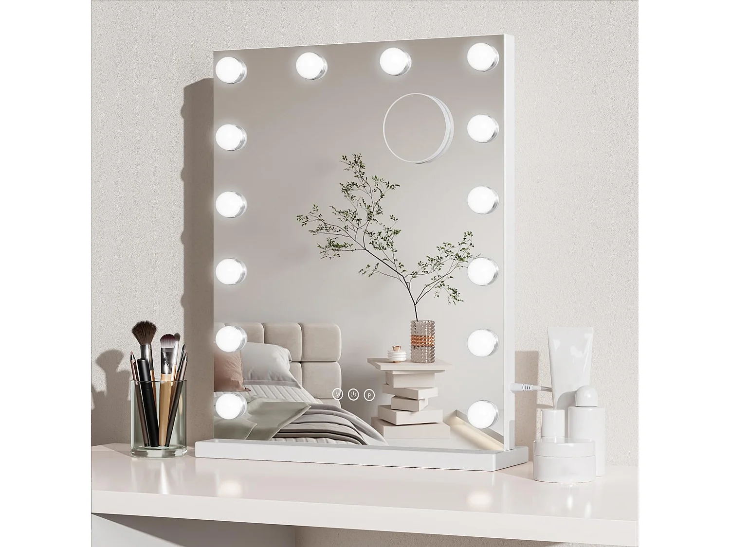 Hollywood Make-upspiegel 14 LED 40x52 cm met 3 lichtstanden, dimbaar & touchbediening, tafel- of wandmontage, ideaal voor slaapkamer, wit