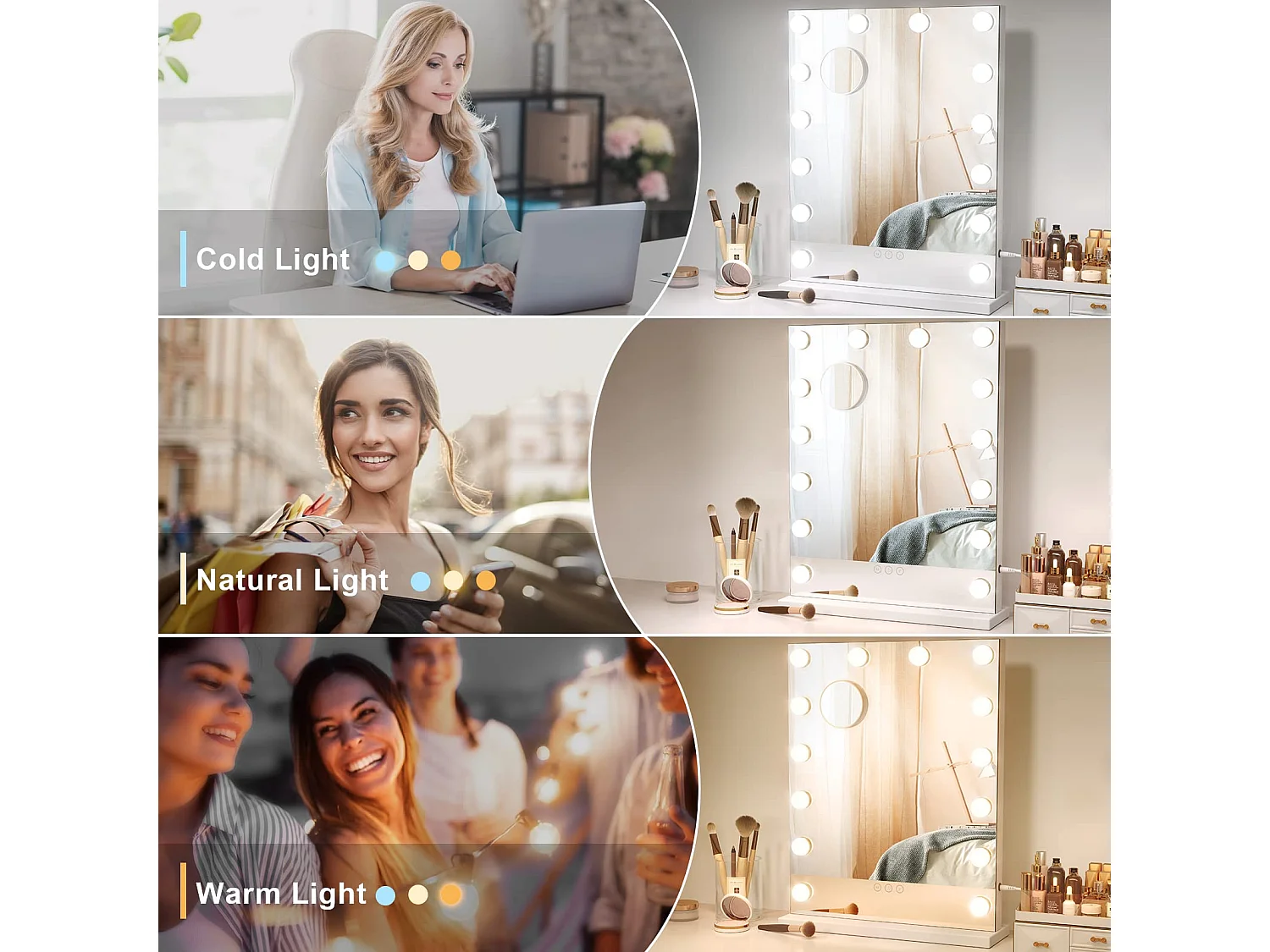 Hollywood Make-upspiegel 14 LED 40x52 cm met 3 lichtstanden, dimbaar & touchbediening, tafel- of wandmontage, ideaal voor slaapkamer, wit