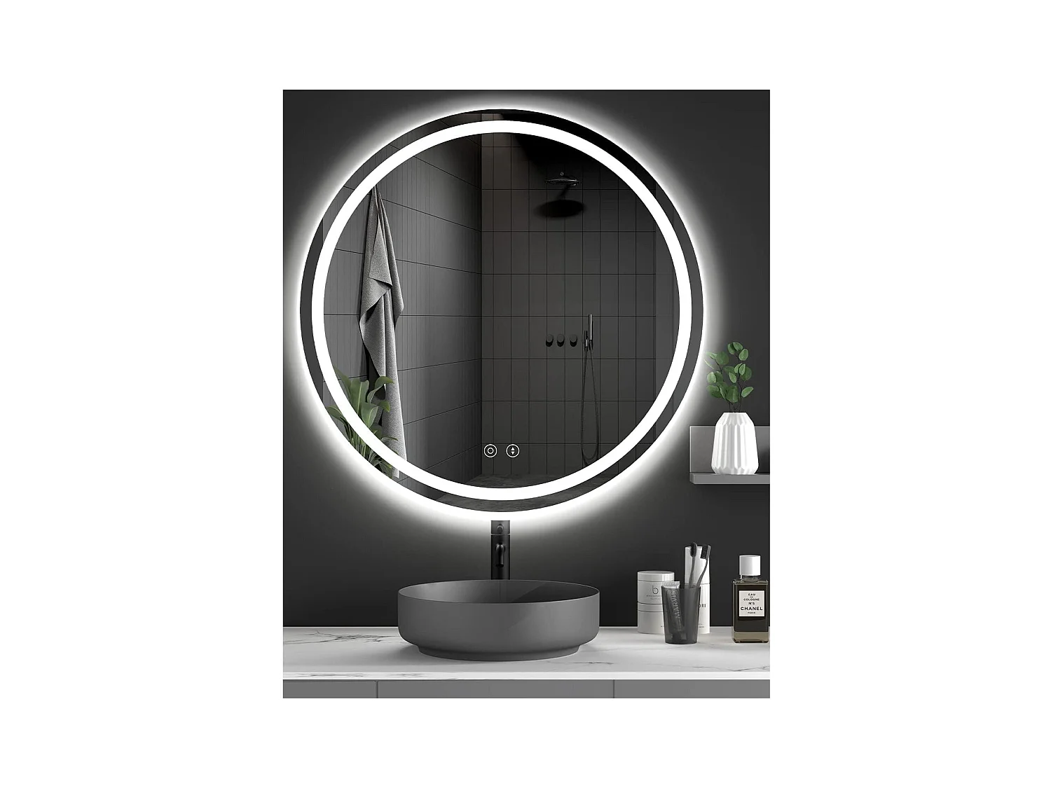 70cm ronde LED badkamerspiegel met verlichting, anti-condens, 3 kleuren, dimbaar, geheugen, HD gehard glas, aanraaksensor, IP44