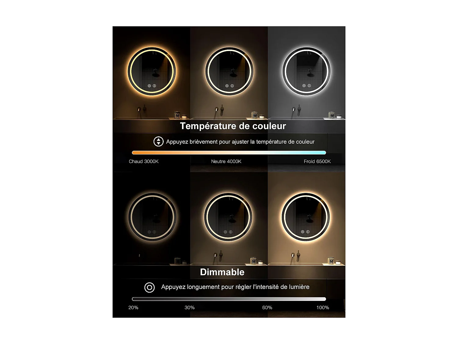 70cm ronde LED badkamerspiegel met verlichting, anti-condens, 3 kleuren, dimbaar, geheugen, HD gehard glas, aanraaksensor, IP44