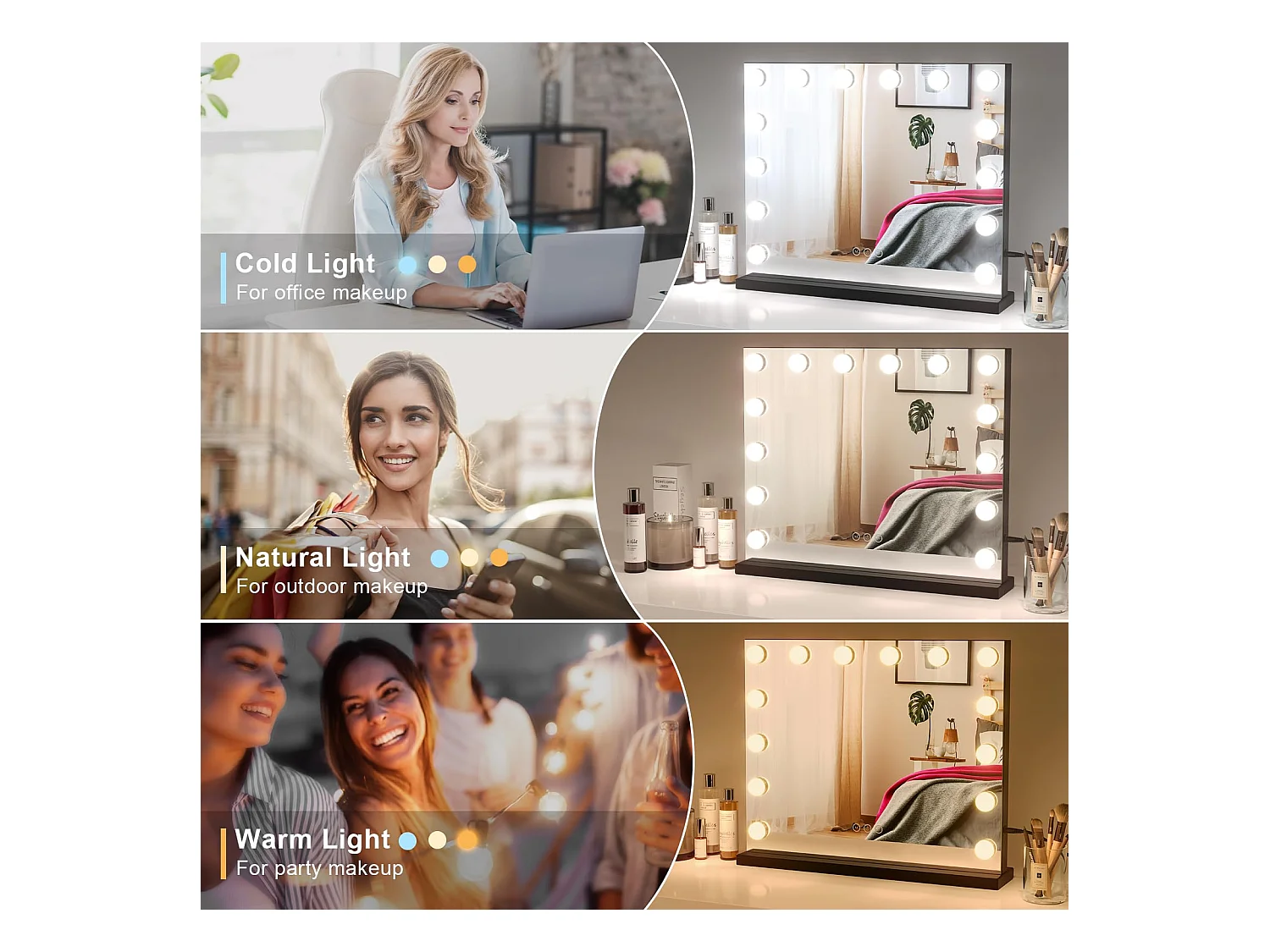 Hollywood make-upspiegel 14 LED's, 50x42cm, 3 standen, Verstelbare helderheid, Touchbediening, Ideaal voor kaptafel, Tafelmontage, Zwart