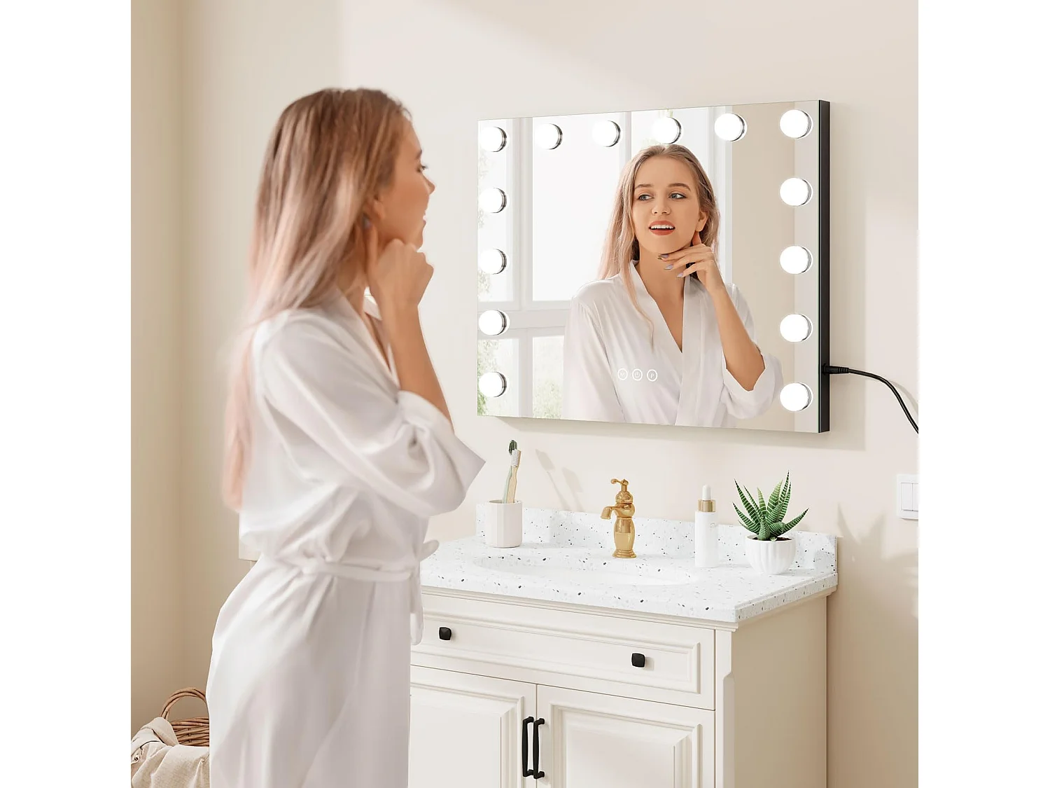 Hollywood make-upspiegel 14 LED's, 50x42cm, 3 standen, Verstelbare helderheid, Touchbediening, Ideaal voor kaptafel, Tafelmontage, Zwart
