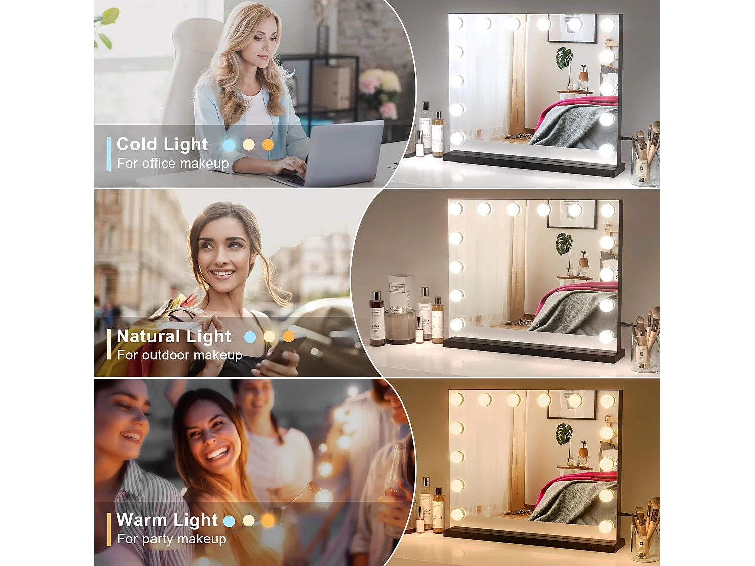 Hollywood make-upspiegel 14 LED's, 50x42cm, 3 standen, Verstelbare helderheid, Touchbediening, Ideaal voor kaptafel, Tafelmontage, Zwart