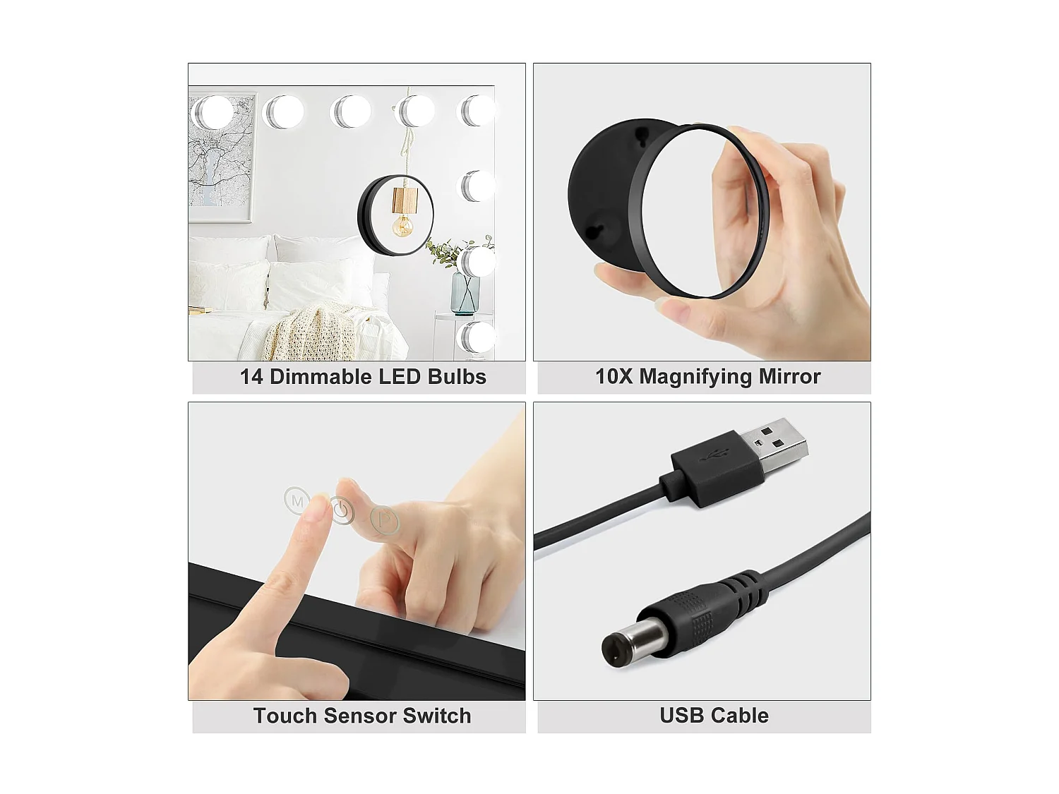 Hollywood make-upspiegel 14 LED's, 50x42cm, 3 standen, Verstelbare helderheid, Touchbediening, Ideaal voor kaptafel, Tafelmontage, Zwart