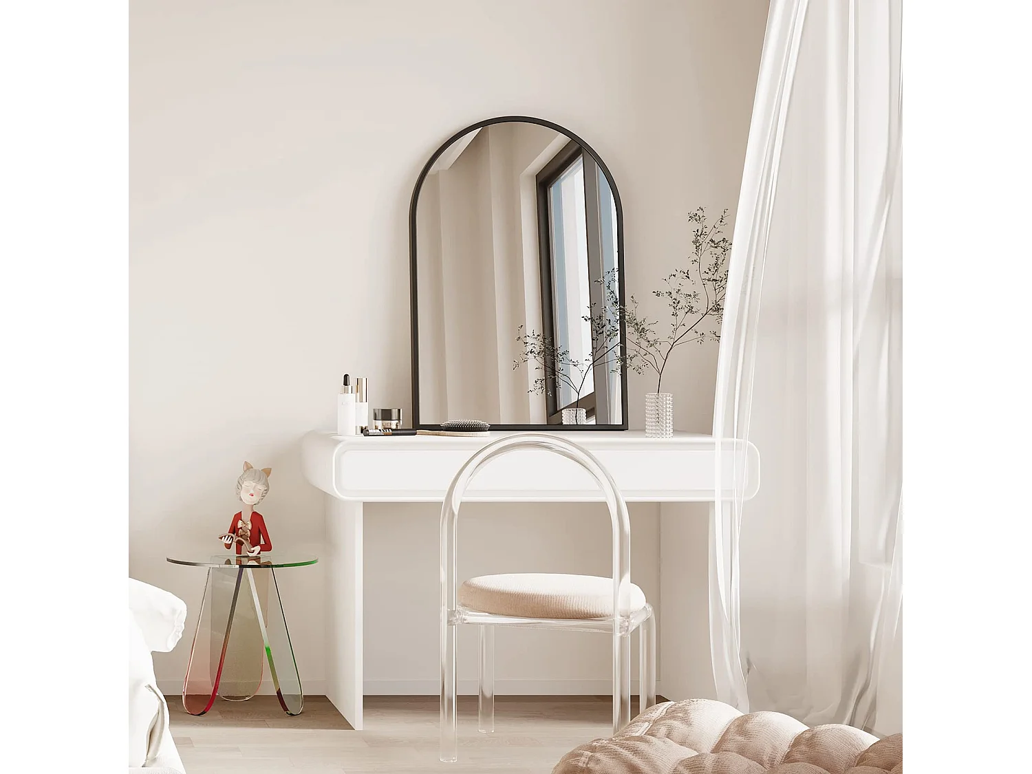 Gebogen spiegel met aluminium frame, 50 x 75 cm, zwart - voor hal, slaapkamer, woonkamer, badkamer