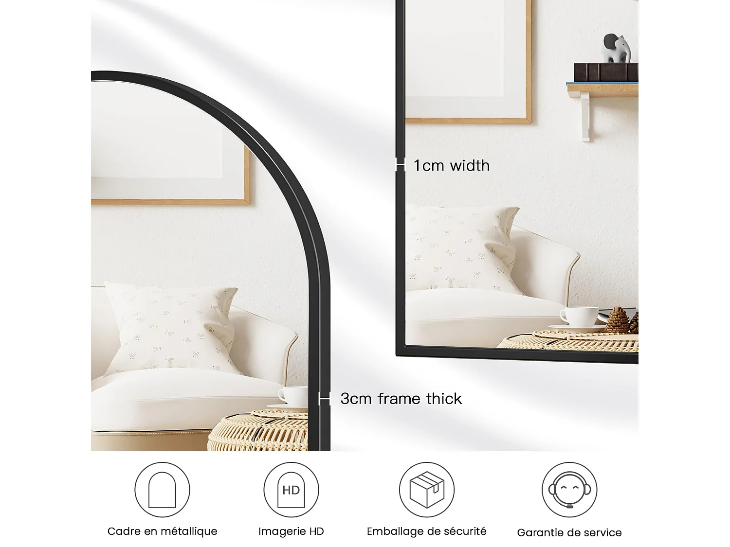 Gebogen spiegel met aluminium frame, 50 x 75 cm, zwart - voor hal, slaapkamer, woonkamer, badkamer