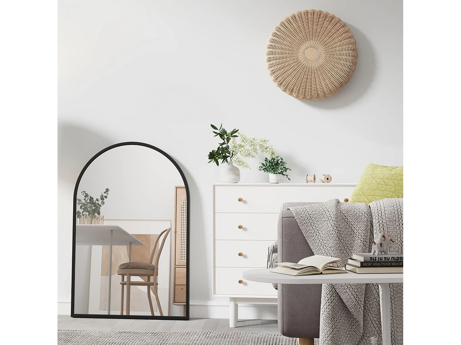 Gebogen spiegel met aluminium frame, 50 x 75 cm, zwart - voor hal, slaapkamer, woonkamer, badkamer