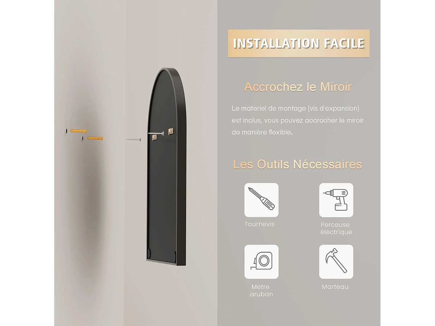 Gebogen spiegel met aluminium frame, 50 x 75 cm, zwart - voor hal, slaapkamer, woonkamer, badkamer