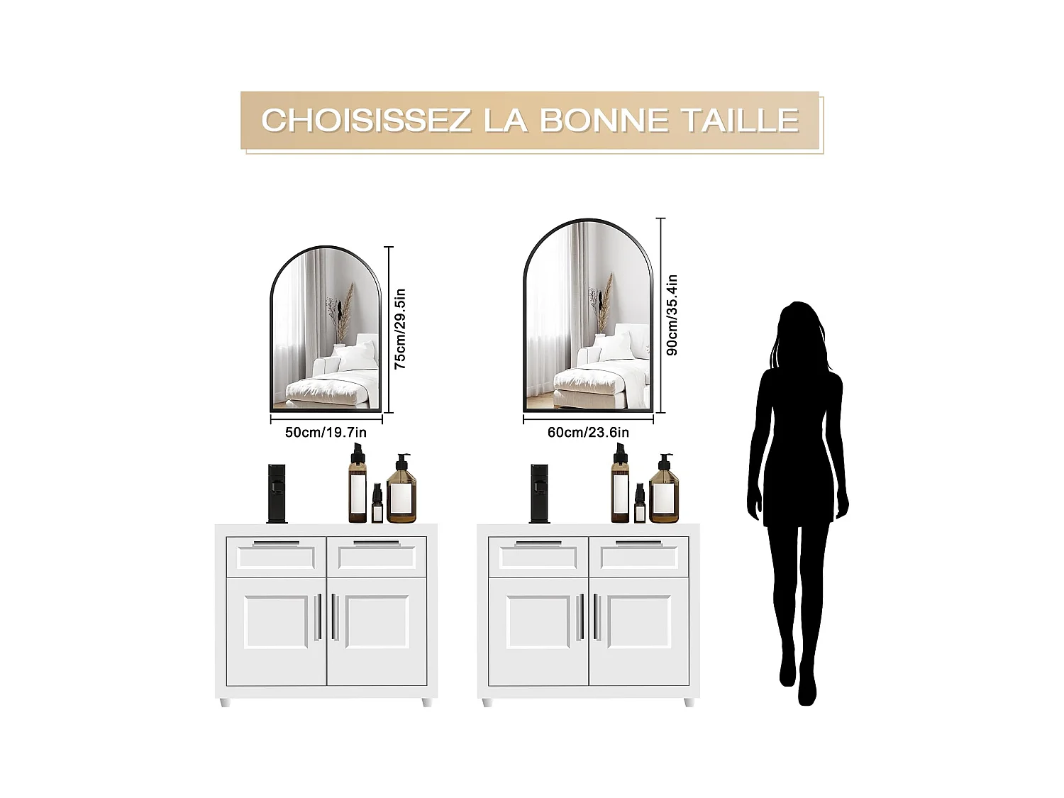 Miroir Arqué avec Cadre en Alliage d'Aluminium,50 * 75cm Noir - pour Entrée Chambre Salon Salle de Bain