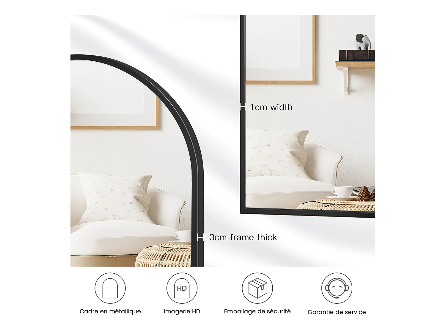 Miroir Arqué avec Cadre en Alliage d'Aluminium,50 * 75cm Noir - pour Entrée Chambre Salon Salle de Bain