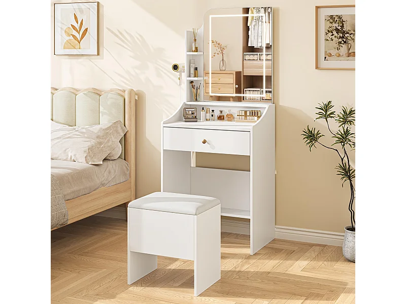 Coiffeuse avec éclairage, Tabouret et Miroir, 3 Couleurs, luminosité réglable, 62 x 150 cm, Blanche (62 x 150 cm)