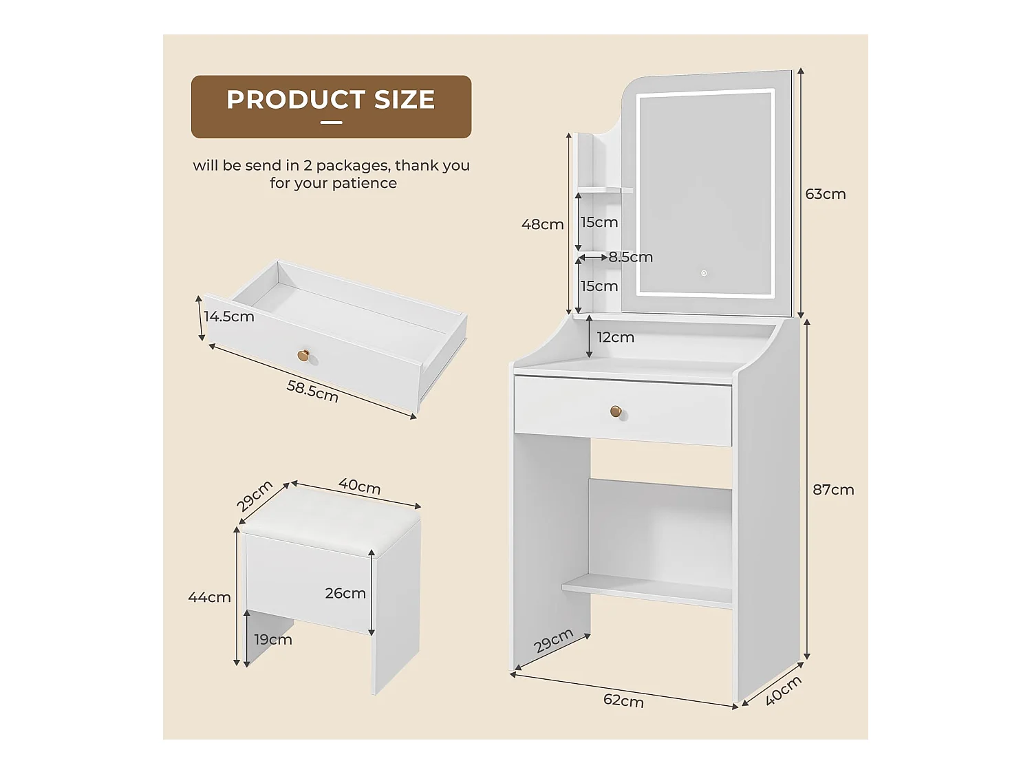 Coiffeuse avec éclairage, Tabouret et Miroir, 3 Couleurs, luminosité réglable, 62 x 150 cm, Blanche (62 x 150 cm)