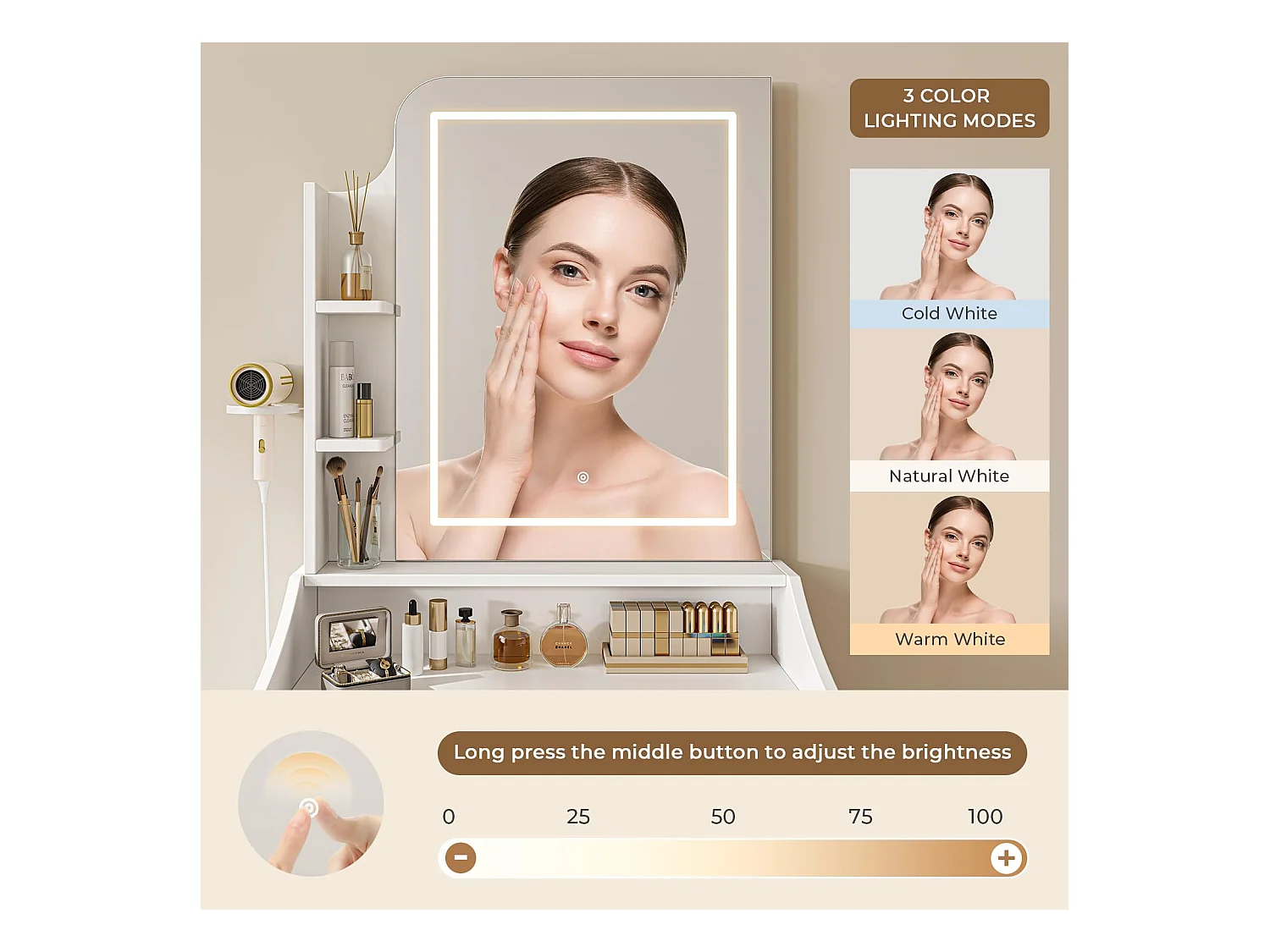 Coiffeuse avec éclairage, Tabouret et Miroir, 3 Couleurs, luminosité réglable, 62 x 150 cm, Blanche (62 x 150 cm)