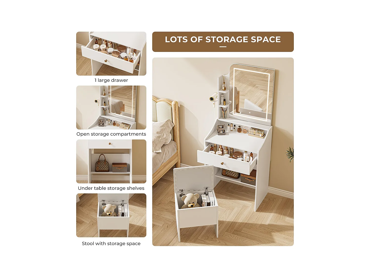 Coiffeuse avec éclairage, Tabouret et Miroir, 3 Couleurs, luminosité réglable, 62 x 150 cm, Blanche (62 x 150 cm)