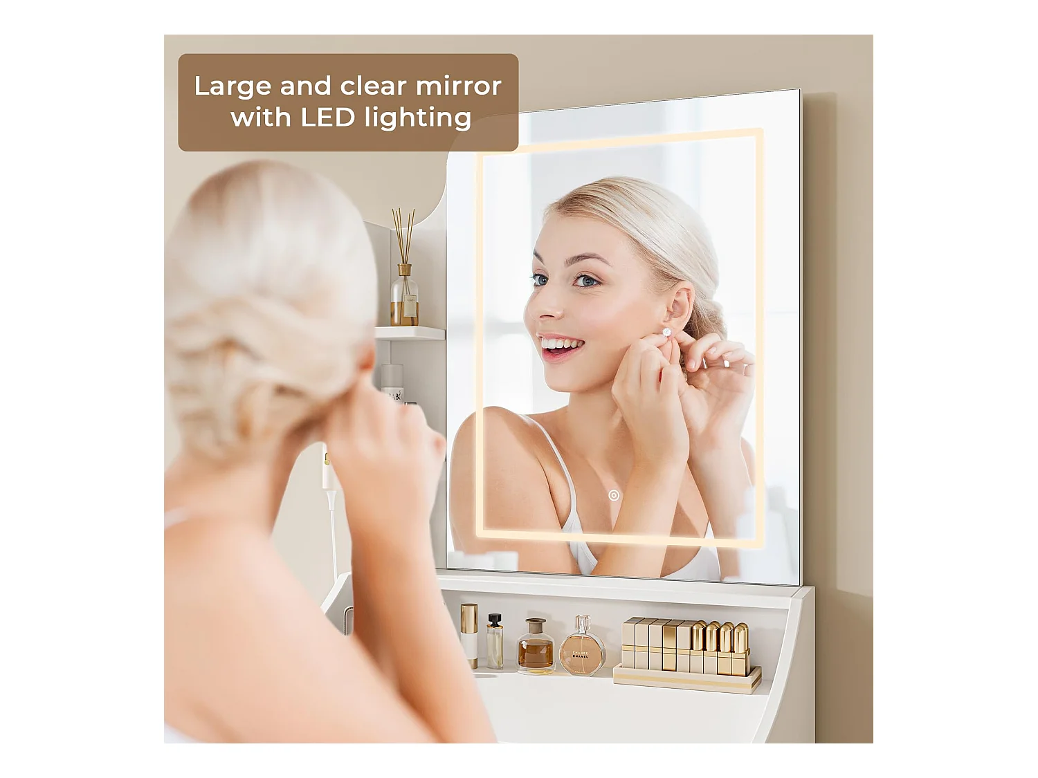 Coiffeuse avec éclairage, Tabouret et Miroir, 3 Couleurs, luminosité réglable, 62 x 150 cm, Blanche (62 x 150 cm)