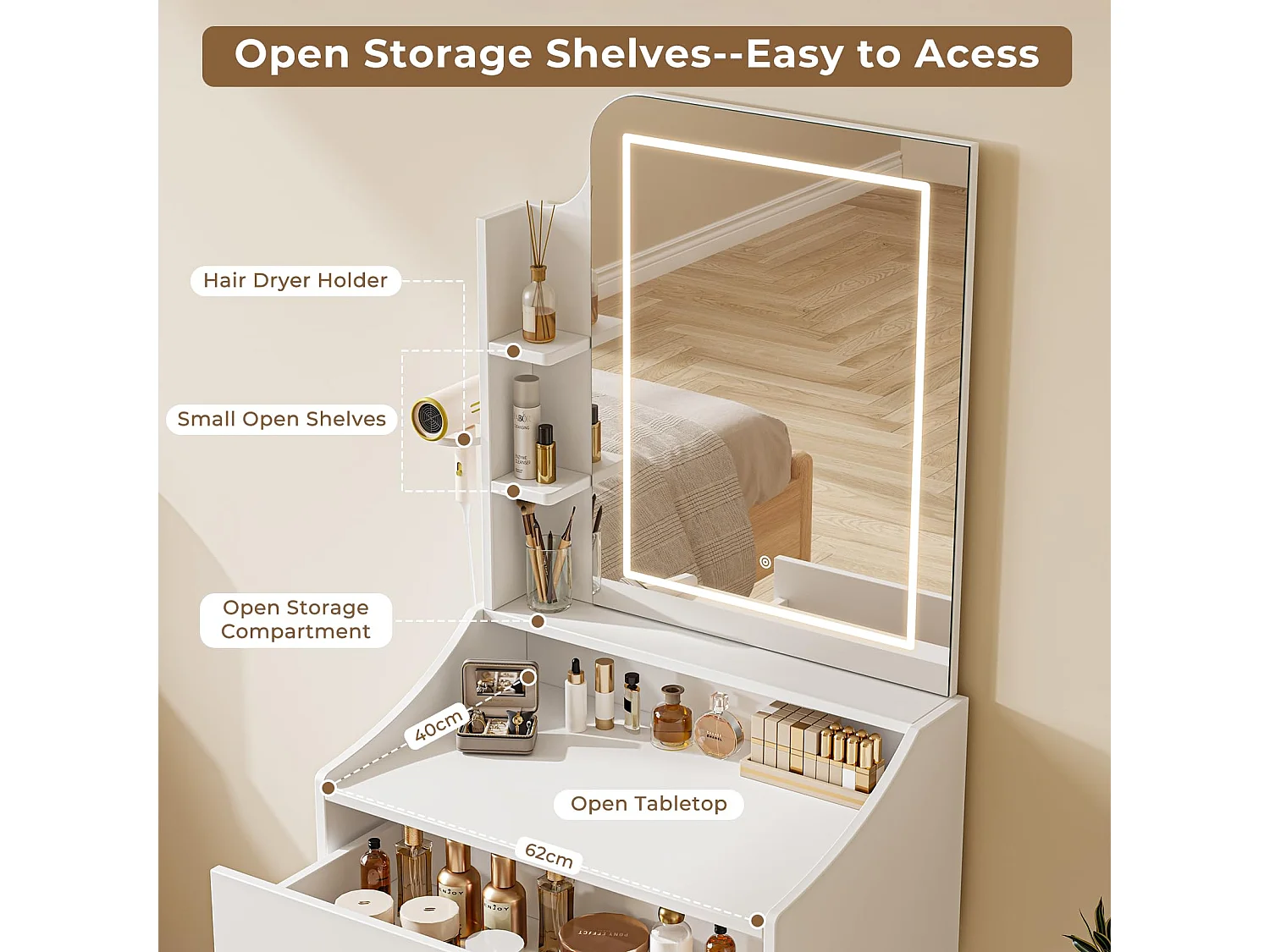 Coiffeuse avec éclairage, Tabouret et Miroir, 3 Couleurs, luminosité réglable, 62 x 150 cm, Blanche (62 x 150 cm)