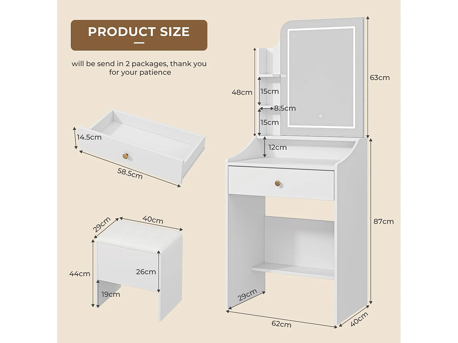 Coiffeuse avec éclairage, Tabouret et Miroir, 3 Couleurs, luminosité réglable, 62 x 150 cm, Blanche (62 x 150 cm)