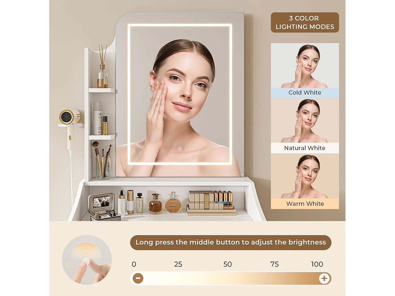 Coiffeuse avec éclairage, Tabouret et Miroir, 3 Couleurs, luminosité réglable, 62 x 150 cm, Blanche (62 x 150 cm)