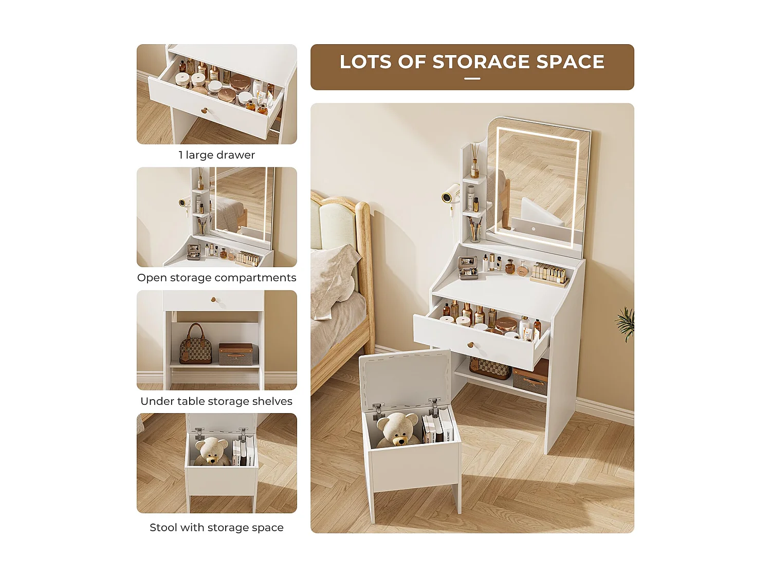 Coiffeuse avec éclairage, Tabouret et Miroir, 3 Couleurs, luminosité réglable, 62 x 150 cm, Blanche (62 x 150 cm)