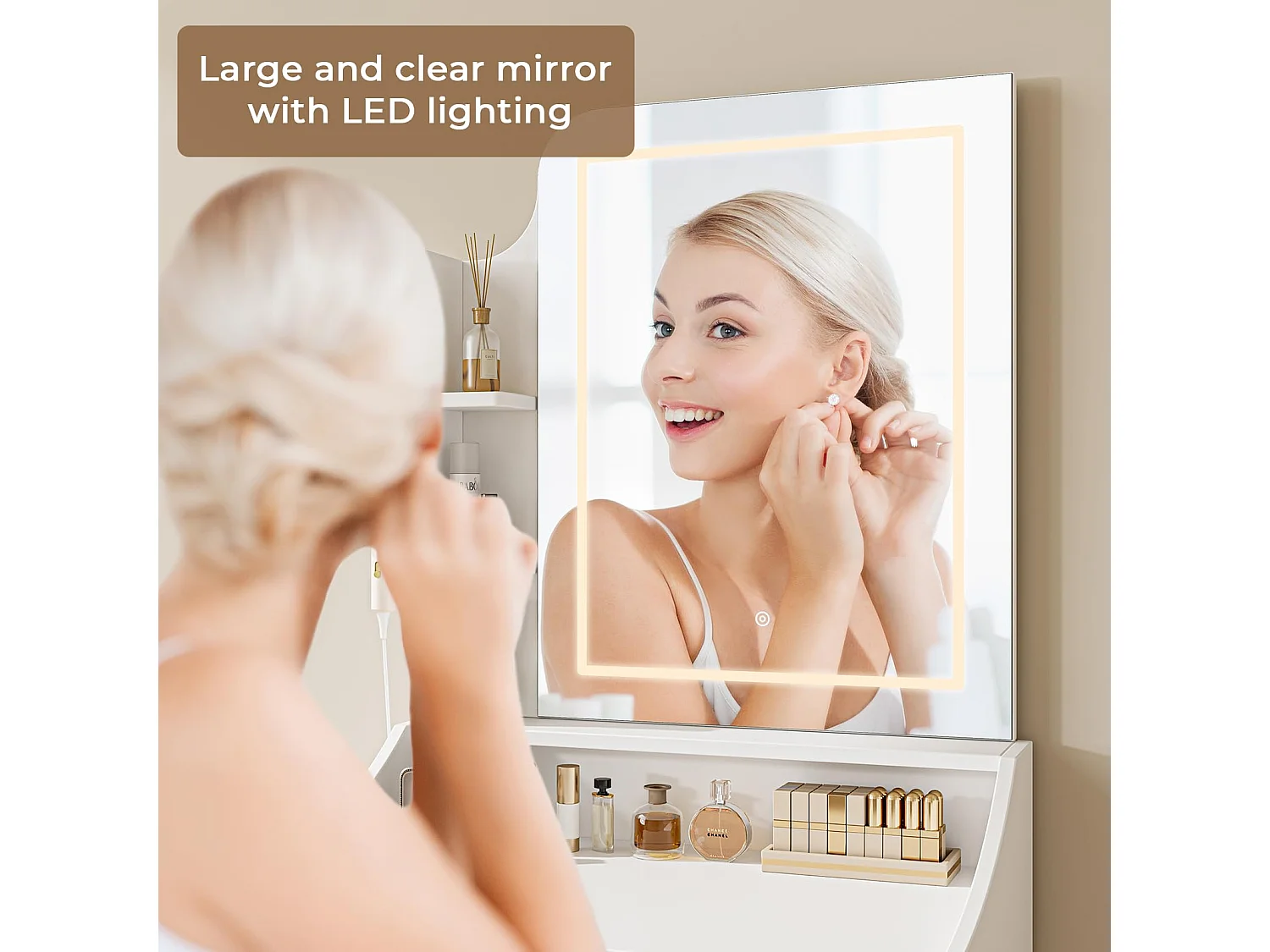 Coiffeuse avec éclairage, Tabouret et Miroir, 3 Couleurs, luminosité réglable, 62 x 150 cm, Blanche (62 x 150 cm)