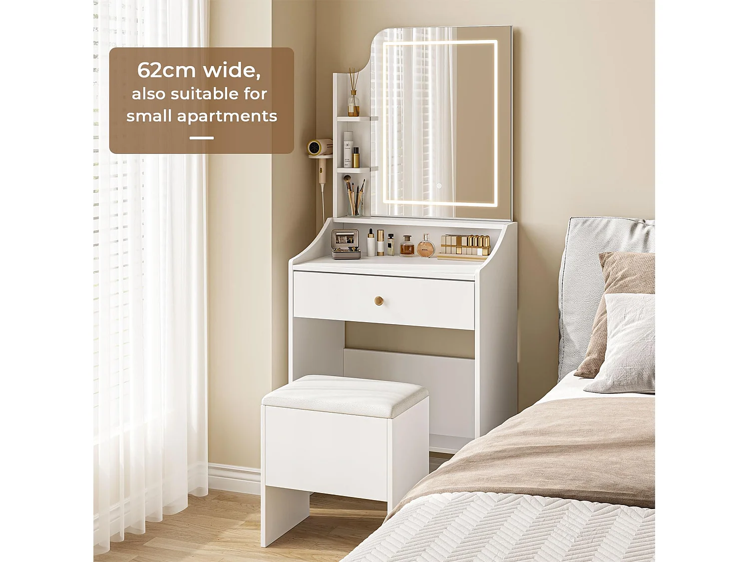 Coiffeuse avec éclairage, Tabouret et Miroir, 3 Couleurs, luminosité réglable, 62 x 150 cm, Blanche (62 x 150 cm)