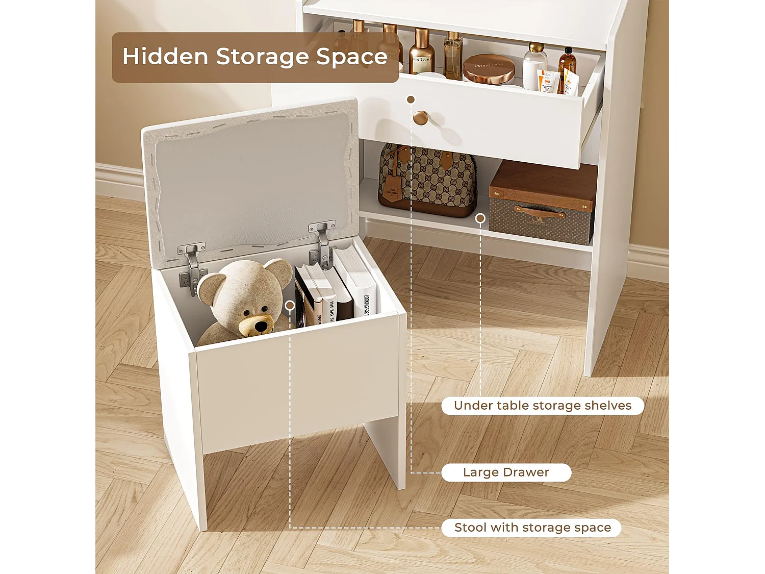 Coiffeuse avec éclairage, Tabouret et Miroir, 3 Couleurs, luminosité réglable, 62 x 150 cm, Blanche (62 x 150 cm)