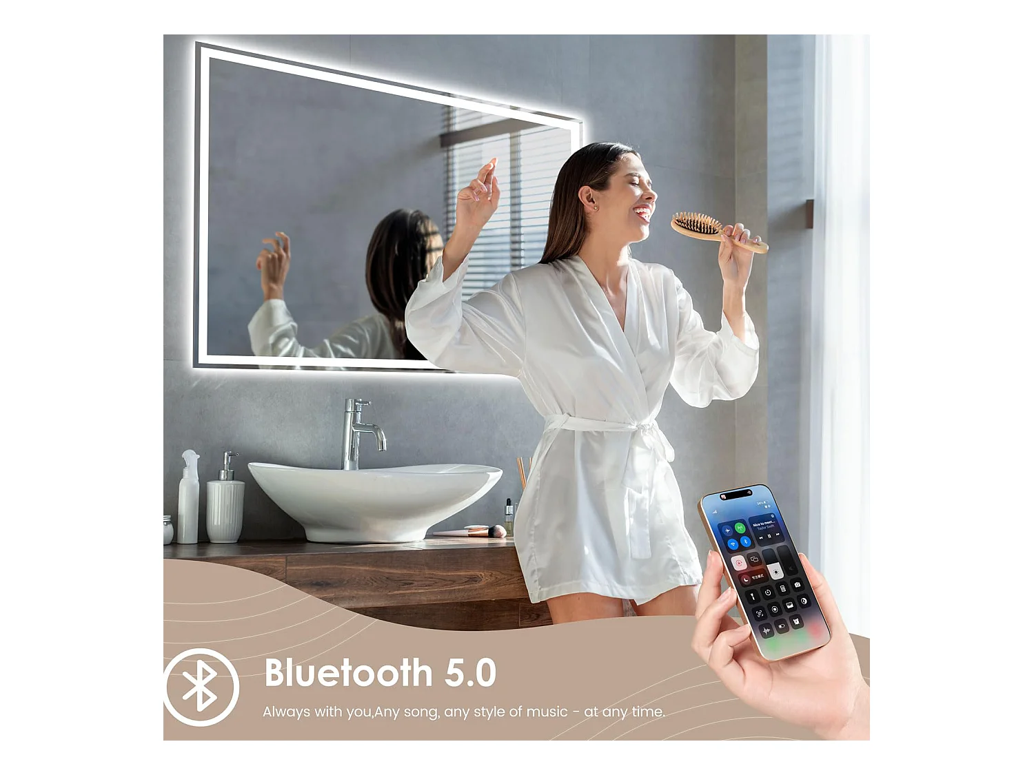 Bluetooth badkamerspiegel 60x80cm, 45W LED, anticondens, 3 instelbare kleuren, touchschakelaar, geheugenfunctie, geïntegreerde scheerstopcontact