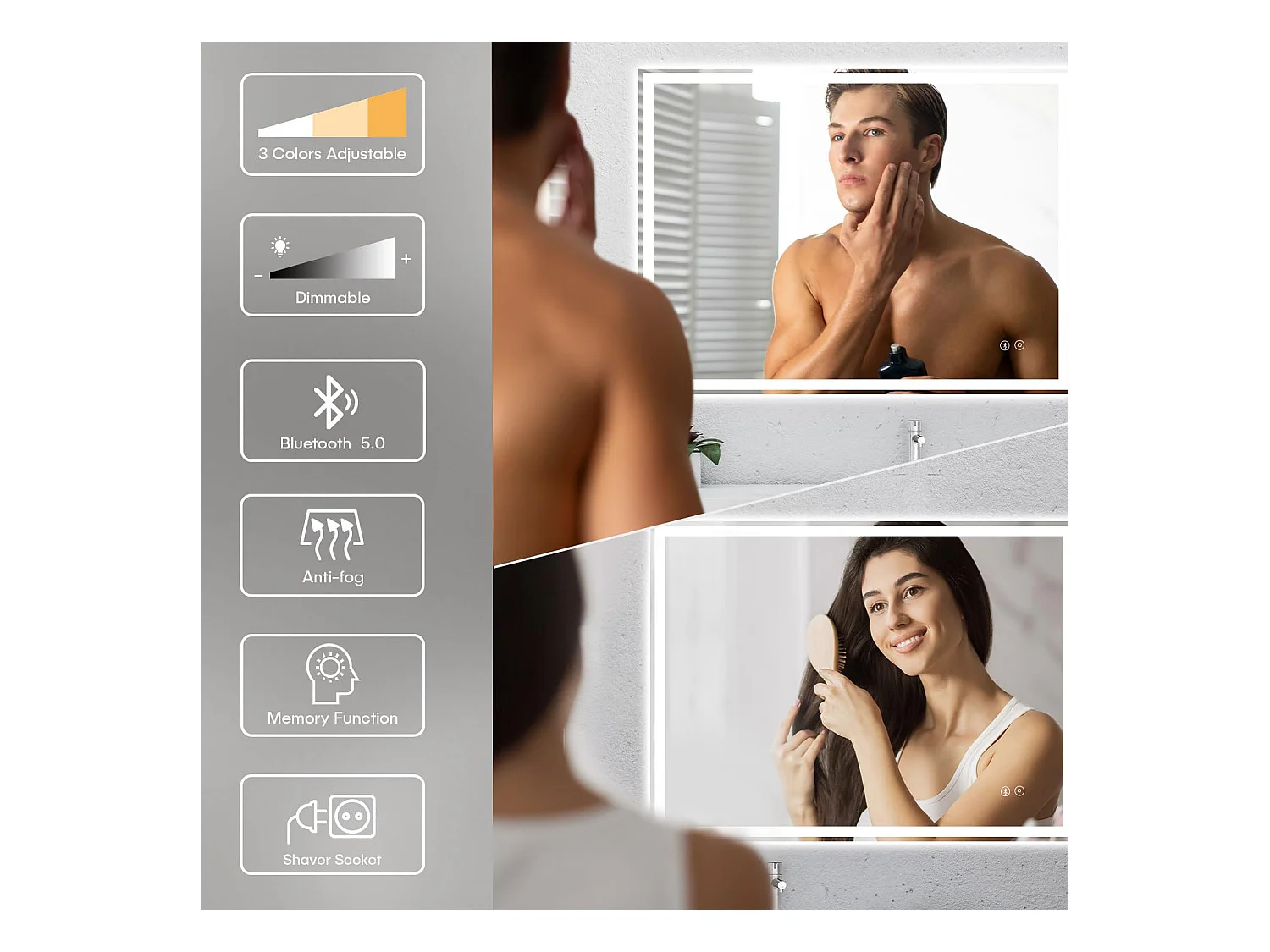 Bluetooth badkamerspiegel 60x80cm, 45W LED, anticondens, 3 instelbare kleuren, touchschakelaar, geheugenfunctie, geïntegreerde scheerstopcontact