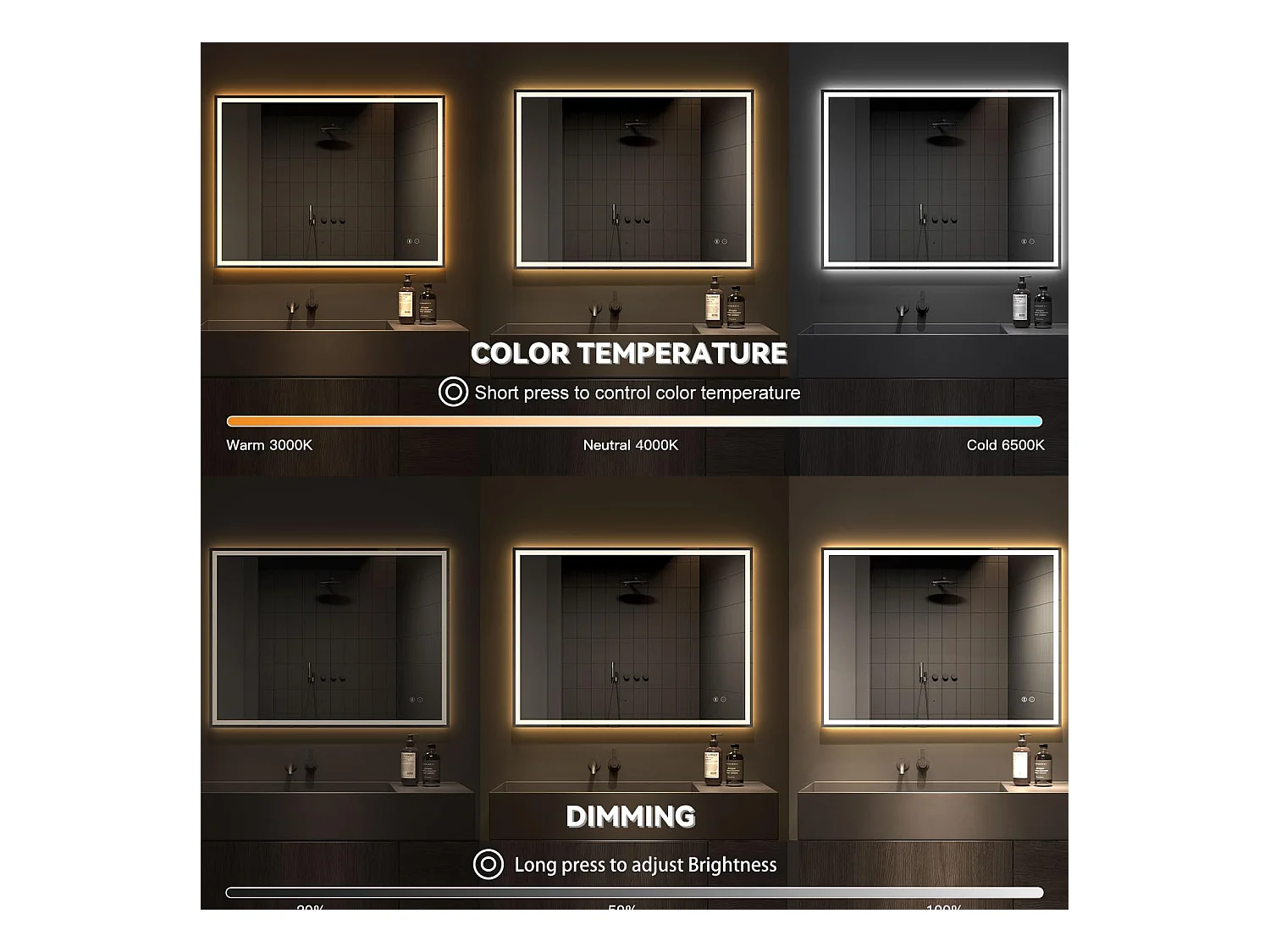 Bluetooth badkamerspiegel 60x80cm, 45W LED, anticondens, 3 instelbare kleuren, touchschakelaar, geheugenfunctie, geïntegreerde scheerstopcontact