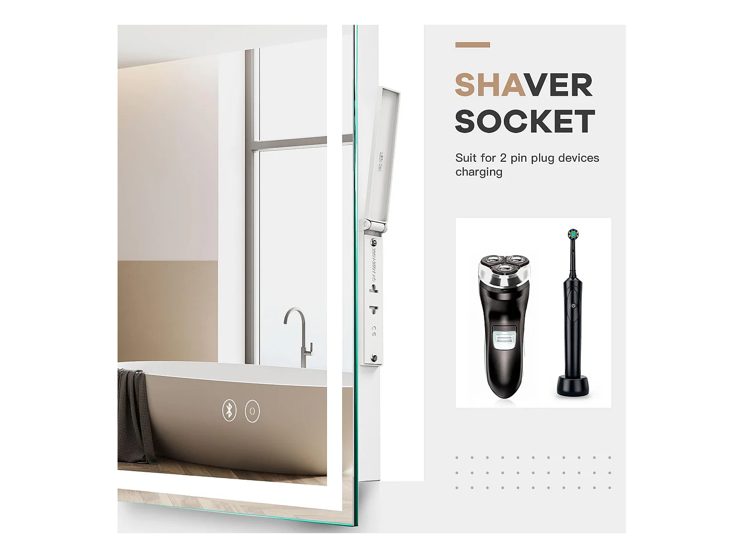 Bluetooth badkamerspiegel 60x80cm, 45W LED, anticondens, 3 instelbare kleuren, touchschakelaar, geheugenfunctie, geïntegreerde scheerstopcontact