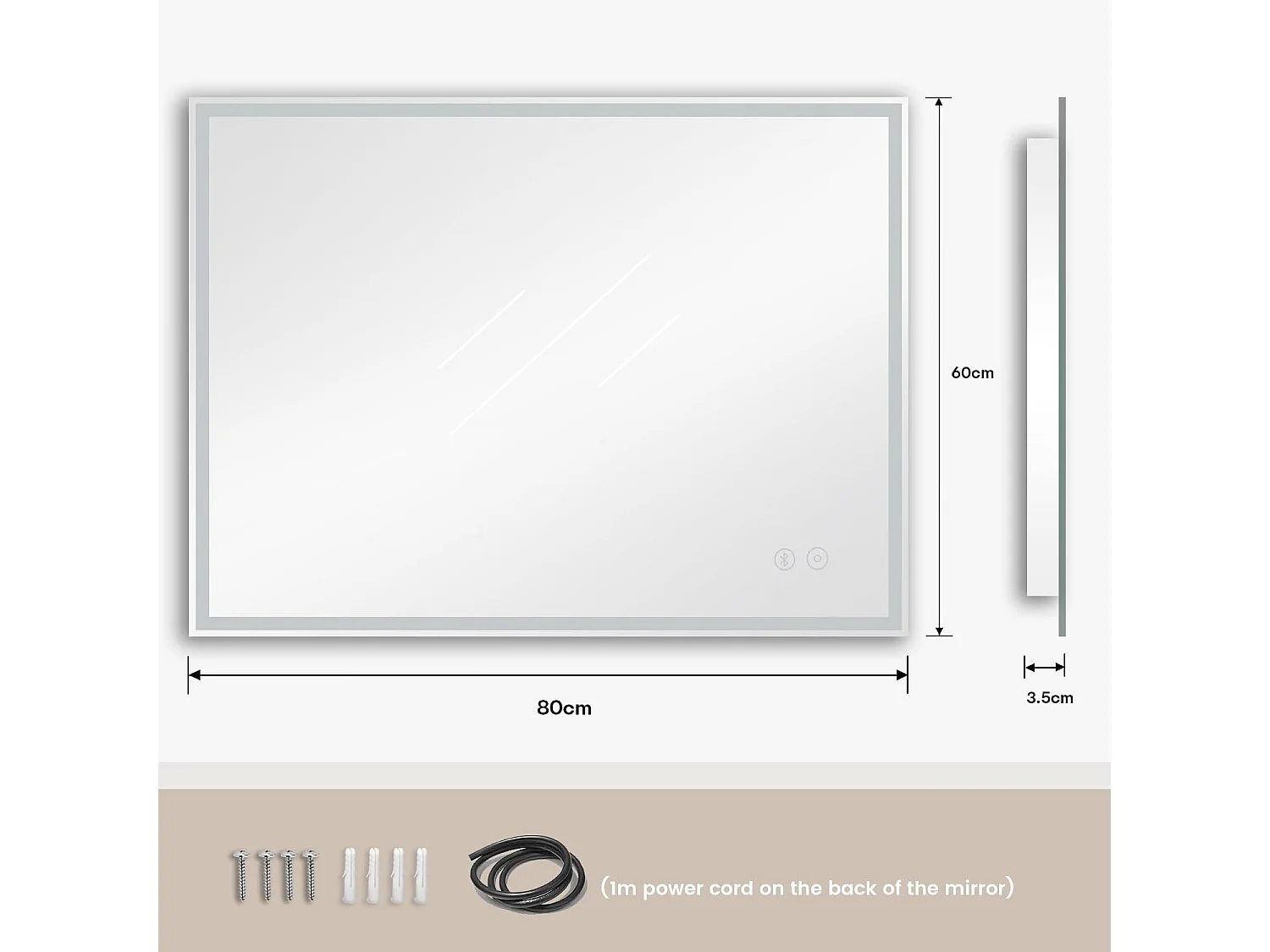 Bluetooth badkamerspiegel 60x80cm, 45W LED, anticondens, 3 instelbare kleuren, touchschakelaar, geheugenfunctie, geïntegreerde scheerstopcontact