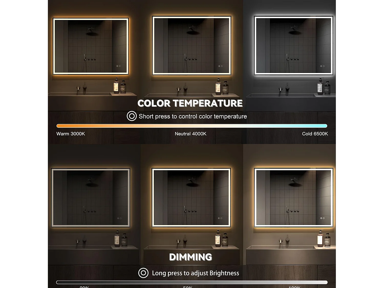 Bluetooth badkamerspiegel 60x80cm, 45W LED, anticondens, 3 instelbare kleuren, touchschakelaar, geheugenfunctie, geïntegreerde scheerstopcontact