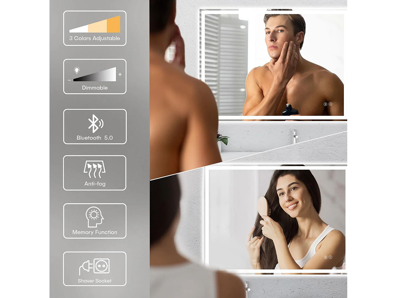 Bluetooth badkamerspiegel 60x80cm, 45W LED, anticondens, 3 instelbare kleuren, touchschakelaar, geheugenfunctie, geïntegreerde scheerstopcontact