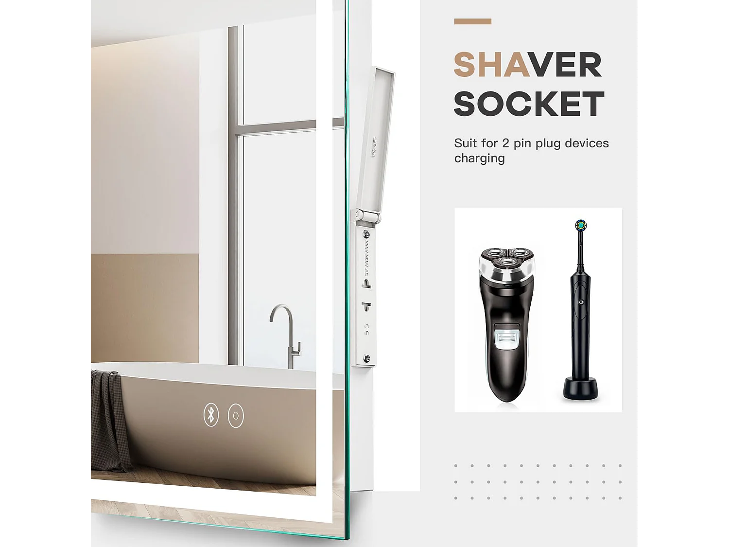 Bluetooth badkamerspiegel 60x80cm, 45W LED, anticondens, 3 instelbare kleuren, touchschakelaar, geheugenfunctie, geïntegreerde scheerstopcontact