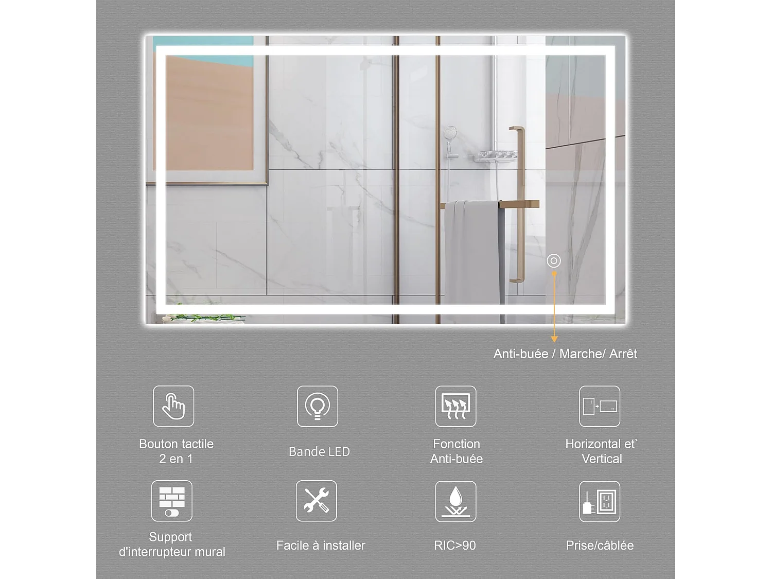 100x60 cm Wandspiegel met 30W verlichting, anticondens, 6400K koelwit licht, aanraakschakelaar en energiebesparend voor de badkamer