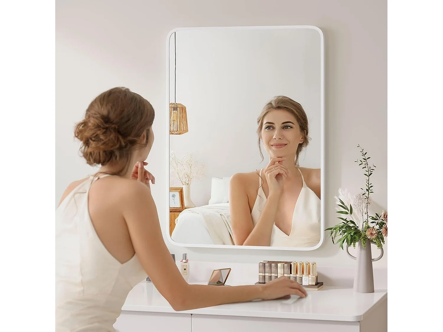 75x55cm Rechthoekige badkamerspiegel met aluminium frame, wandspiegel/kleedkamer/woonkamerdecoratie HD make-upspiegel (wit)